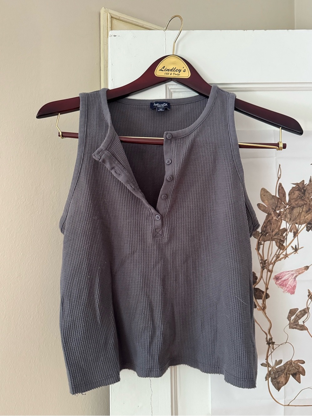 Splendid Gray Waffle Henley Tank - Button Placket Sleeveless Top